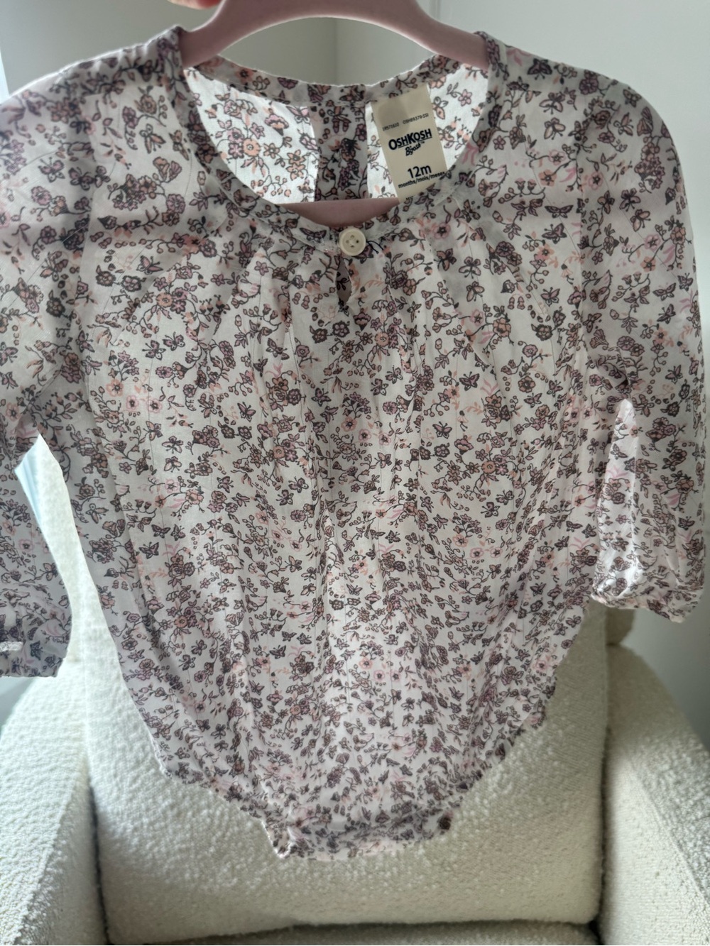 OshKosh B'gosh Cream Floral Long-Sleeve Baby Bodysuit with Pink Accents